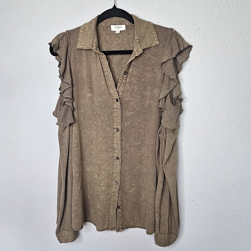 Umgee Green Button Down Shirt with Ruffle Sleeves and cold shoulder